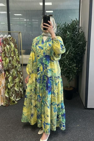 Tropik Rüya Katlı Maxi Elbise – Sarı