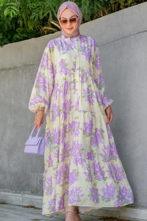 Mimoza Desenli Elbise L100138 - Lavanta